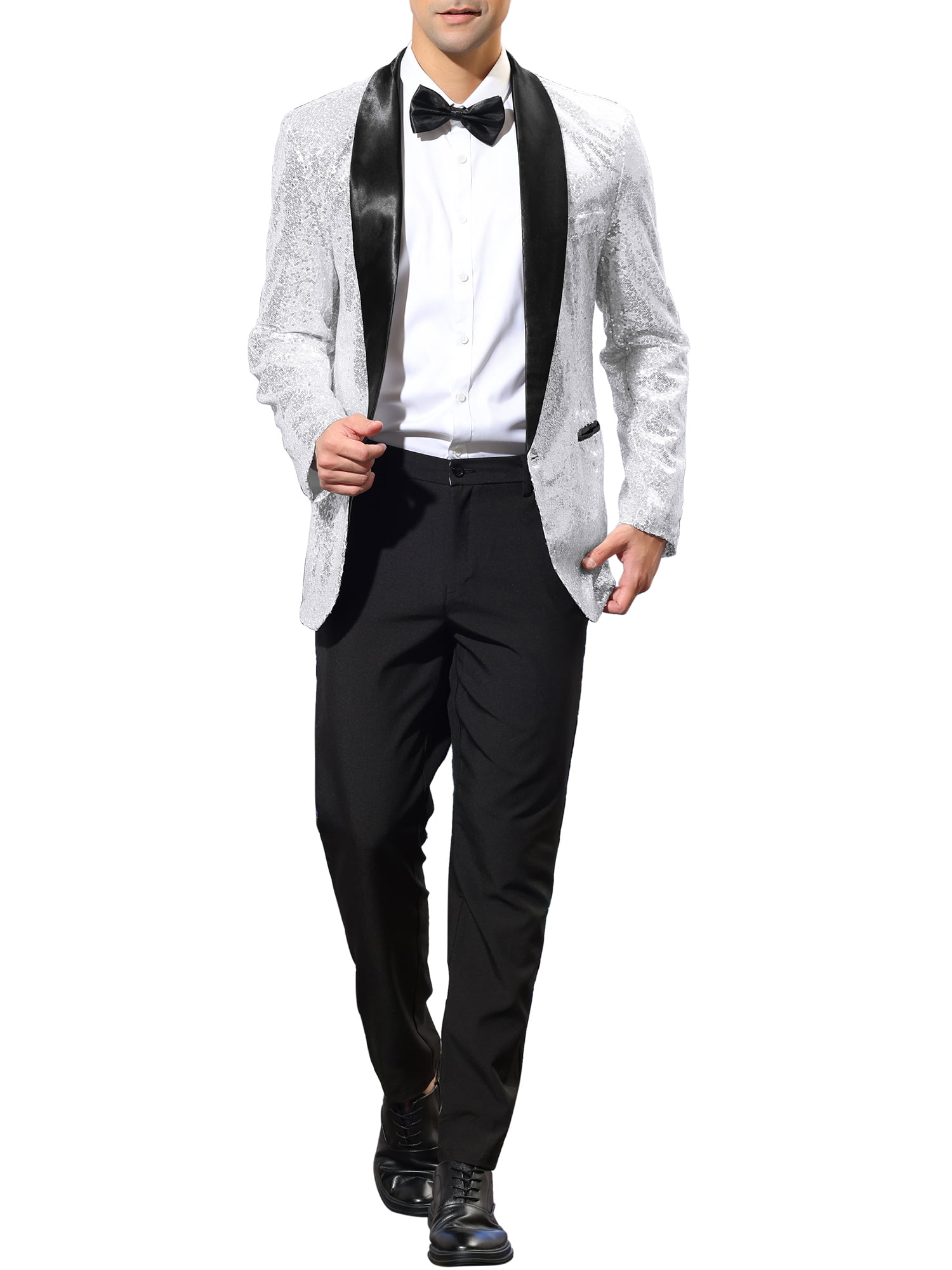 Unique Bargains Men's Sequin Sport Coats Shawl Lapel One Button Wedding Shiny Blazer L Silver