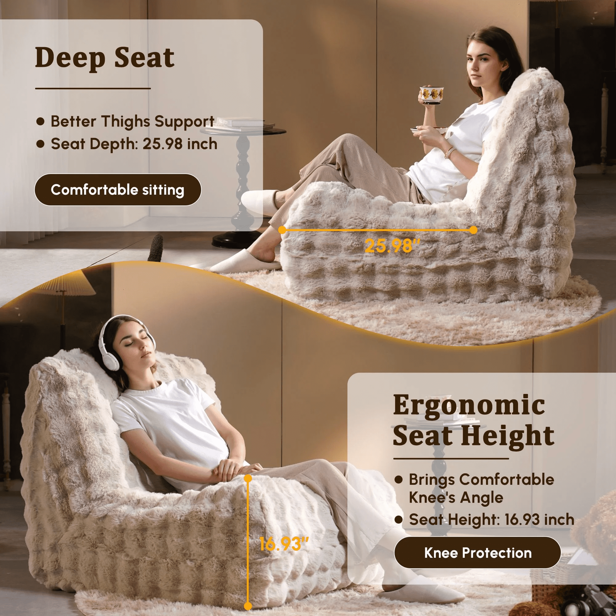 Vcatnet Bean Bag Chair for Adults, Giant Bean Bag Sofa Couch with Memory Foam, Upholstered Lazy Floor Sofa for Living Room, Bedroom, Apartment, Beige
