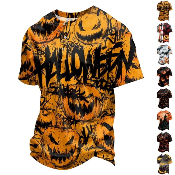 KLHDSF Men's Henley Neck Graffiti 3D Print Polo Shirt Short Sleeve Casual Halloween Party Top Black L