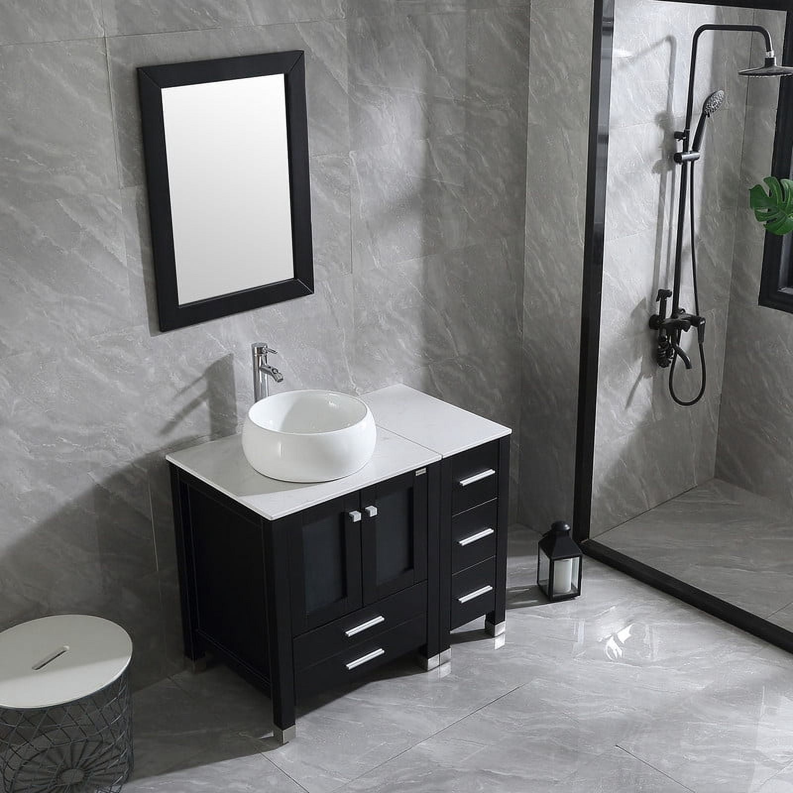 Wonline 36" Luxurious Bathroom Vanity and Sink Combo Wood Cabinet Top Round Ceramic Vessel Sink Faucet Drain Combo with Mirror Vanities Set,Black