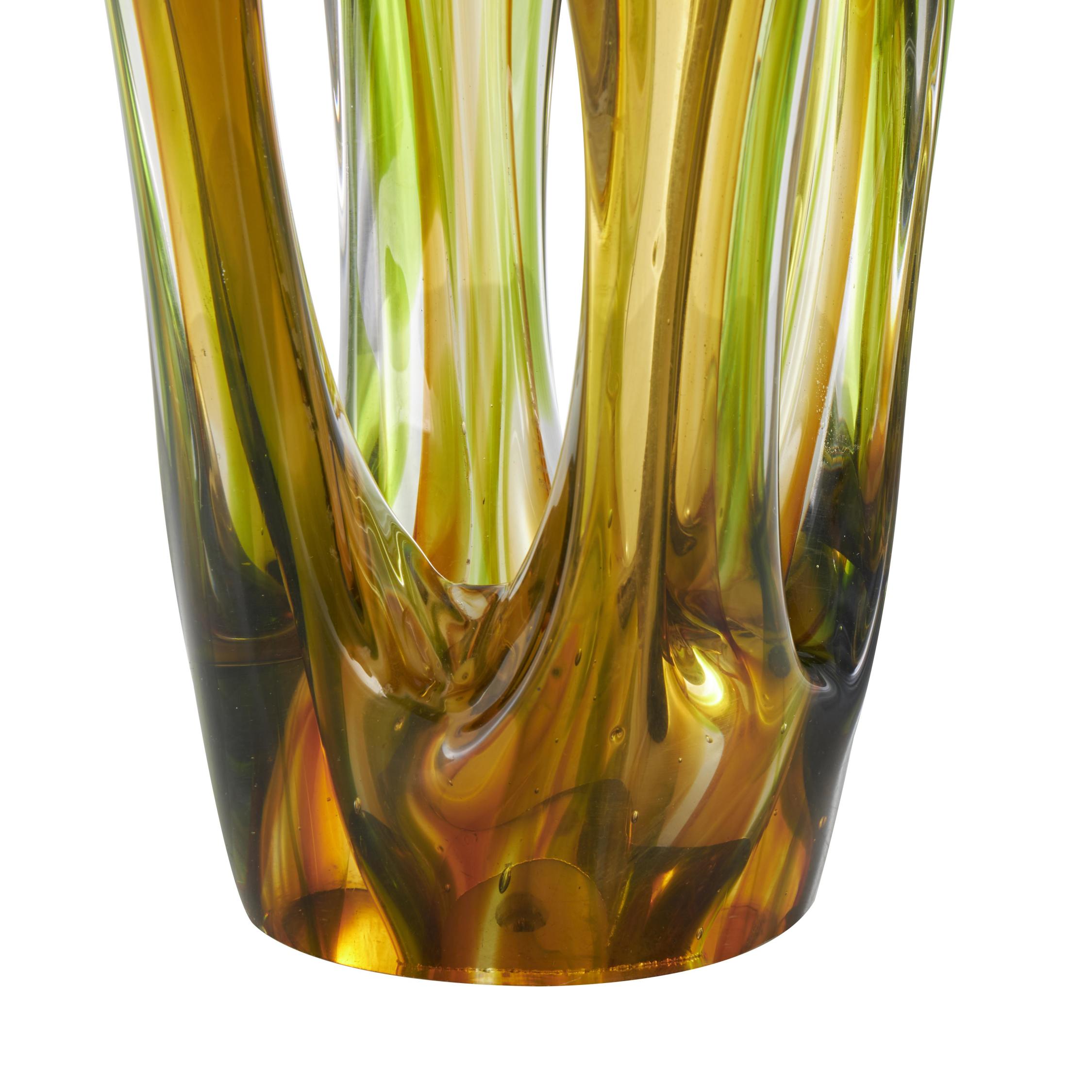 6" x 21" Orange Glass Ombre Cutout Abstract Sculpture with Green Accents, by DecMode