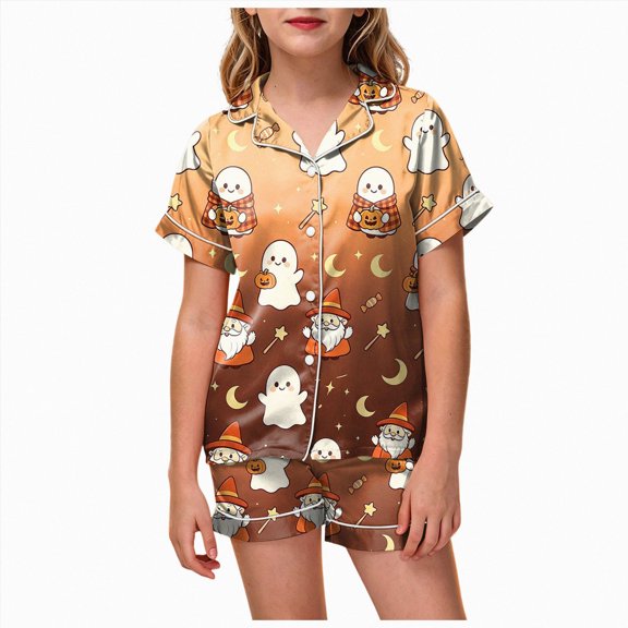 Girls Comfortable And Breathable Short Sleeved Top Shorts Home Clothes Halloween Cute Pattern Homewear Set