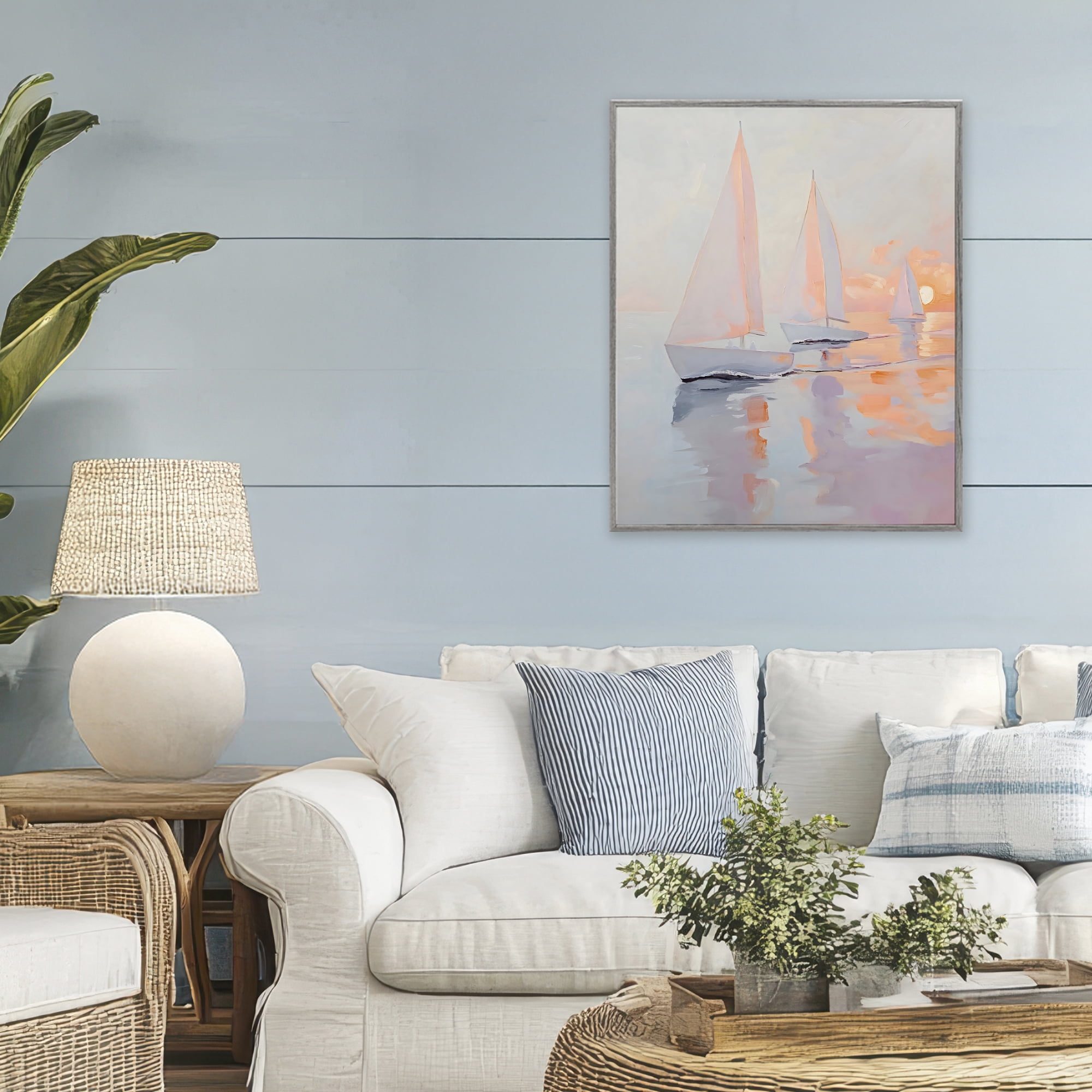 Stupell Industries Peach Sunset Sailboats on Sea Gray Framed Giclee Art, design by Creative Studio