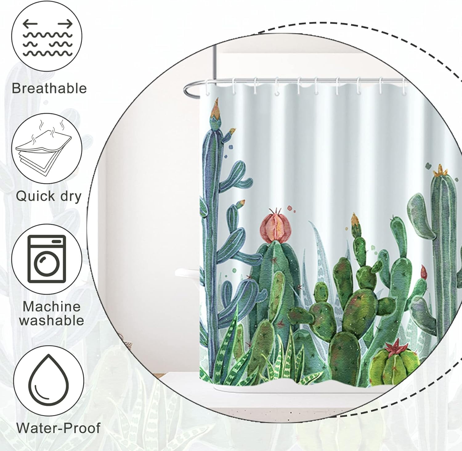 Cactus Shower Curtain Watercolor Tropical Succulent Plants Cactus Flowers Shower Curtains for Bathroom Bathtubs Waterproof Fabric Shower Curtain with Hooks 72x72 Inches
