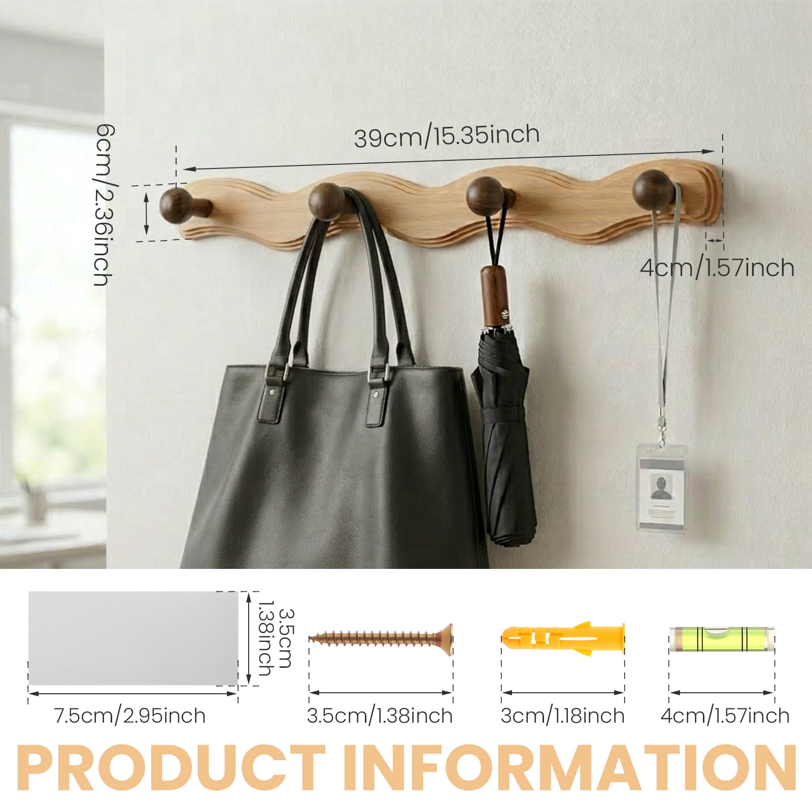 Wood Wall Mounted Coat Rack with 6 Hooks Wooden Hangers Wall Hook for Entryway Bathroom Bedroom Kitchen for Hanging Clothes Keys Robes Purse Towels Bags