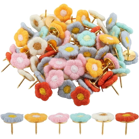 1 Box 60Pcs Flower Push Pins Cute Thumb Tacks Random Colorful Embroidery Floral Corkboard Blossom Floret Decorative Pushpins