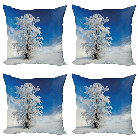 Ambesonne Winter Throw Pillow Cover 4 Pack, Lonely Tree Rural Land, 20", Blue White