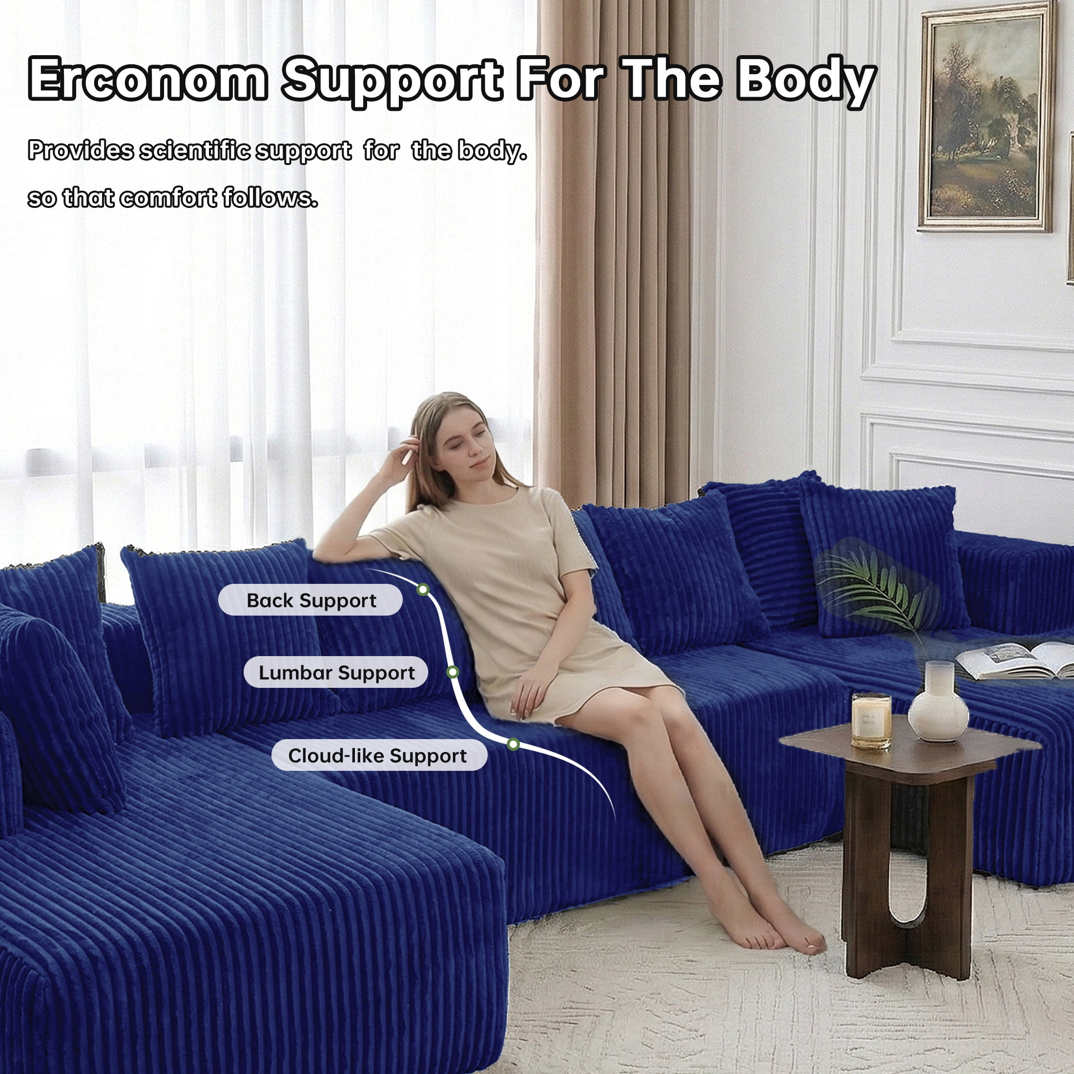 SOULART 130" Blue U L-Shaped Modular Cloud Couch, Sectional Sofa with Chaise – No Assembly, 5-Seater, Corduroy ，Boneless sofa,