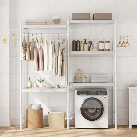 5-Tier Wood Over The Washer and Dryer Storage Shelf- Laundry Room Organization Space Saving Laundry Drying Clothes Racks Heavy Duty Adjustable Height Bathroom Shelf for Home Decor