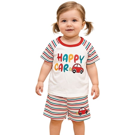 Outfits For Girls Clothes Striped Cartoon Print Short Sleeve Top Shorts Casual Playwear Two Piece Girls Clothing Sets