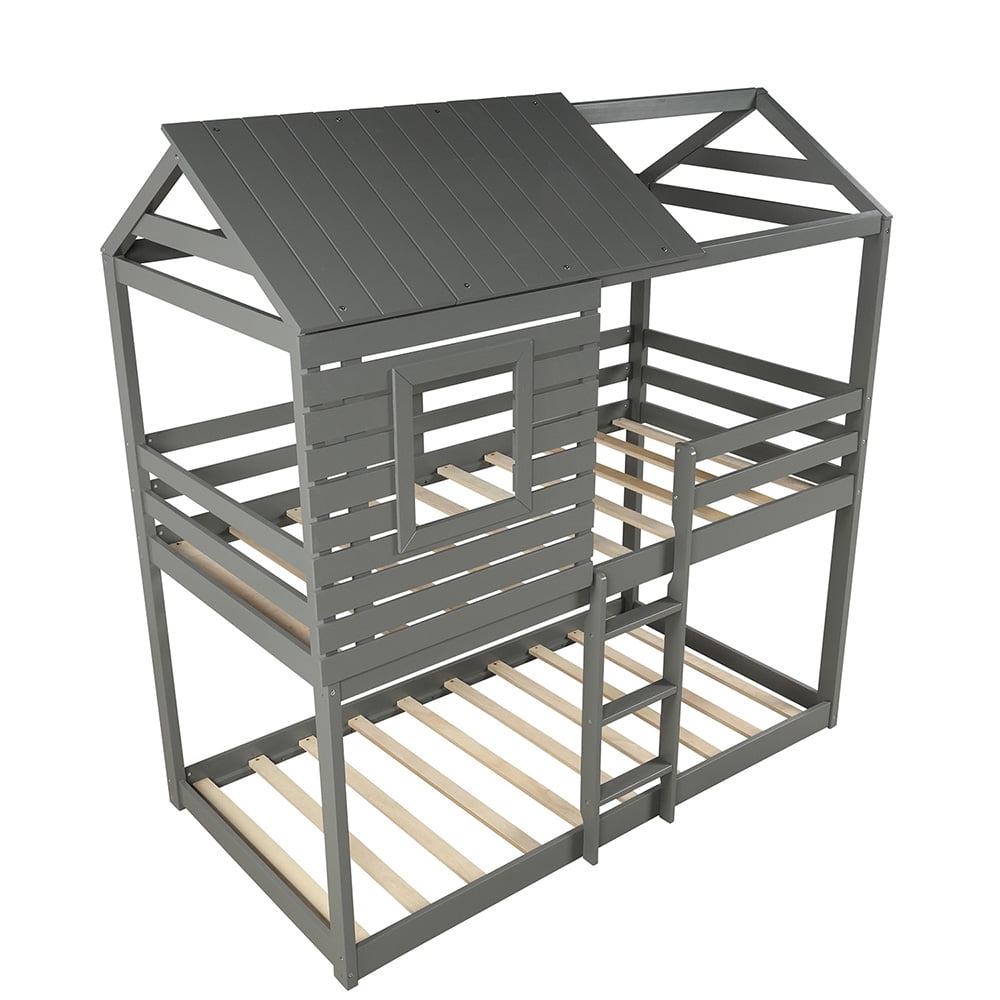 Kepooman Twin Over Twin Wood Bunk Bed with Roof & Window & Guardrail & Ladder for Kids, 77.8"L x 41"W x 83.1"H, Gray Kepooman Twin Over Twin Wood Bunk Bed with Roof & Window & Guardrail & Ladder for Kids, 77.8"L x 41"W x 83.1"H, Gray