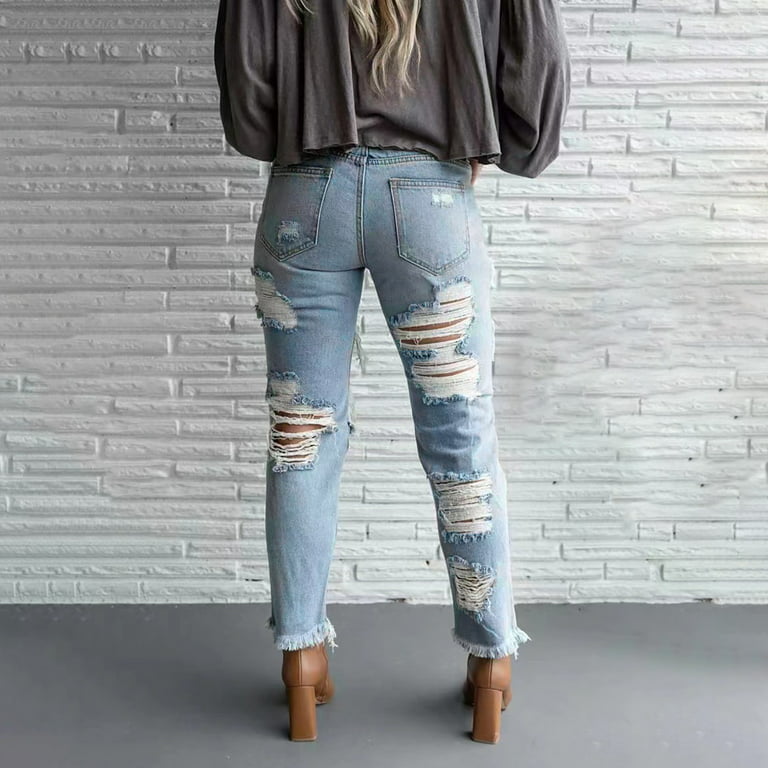 Women High Waisted Baggy Ripped Jeans Fashion Slim Fit Denim