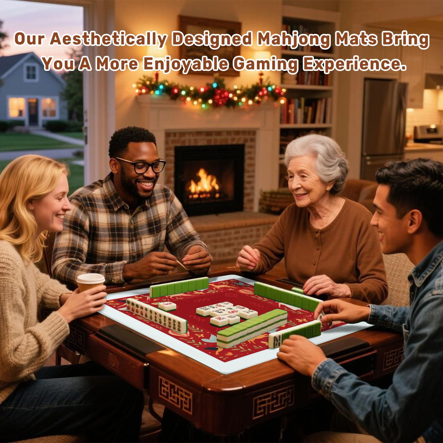 Mahjong Mat 31.5" x 31.5" Whimsical Forest Dance Anti-Slip and Noise Reduction Symmetry Design Mahjong Tiles Table Cover for Dominoes Poker Card Board and Tile Games