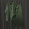 thumbnail image 2 of JFGHDG Women's Linen 2 Piece Outfits Rolled Sleeves Tops Wide Leg Trouser Pants Suits Summer Casual Dressy Linen Sets Green M, 2 of 7