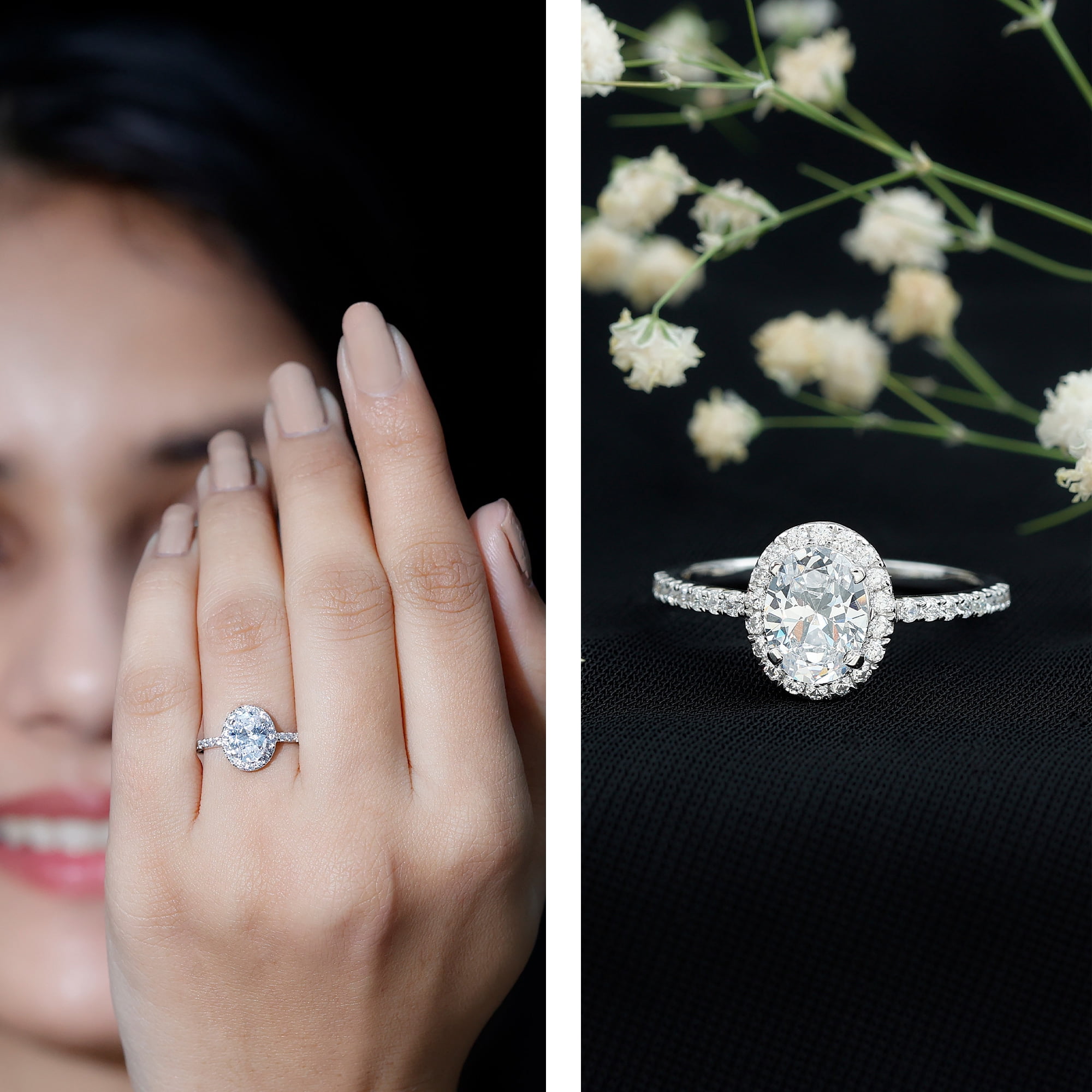 Rosec Jewels Classic Cubic Zirconia Halo Engagement Ring for Women, 14K White Gold, US 12.00