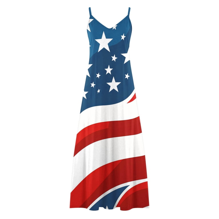 JZGPF American Flag Printed Dress for Women A-Line Spaghetti Strap Sundress Deep V-Neck Maxi Tank Dresses Independence Day Patriotic Dress Baggy Boho