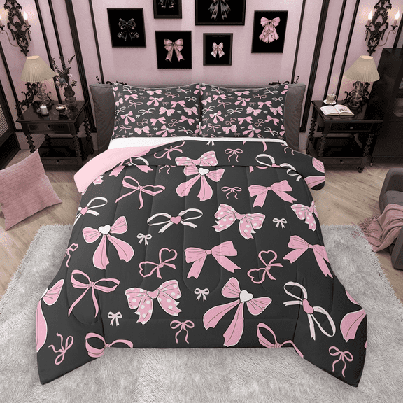 Manfei Pink Bow Tie Bedding Comforter Set 2pcs for Kids Girls, Princess Style Twin Comforter Sets, Girly Cute Bowknot Bedding Set, Super Cozy Room Decor