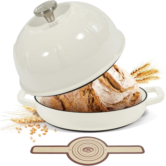 Davivy 5QT White Non-Stick Glossy Enameled Cast Iron Dutch Oven – Round Bread Oven for Sourdough Baking – Heavy Duty & Oven Safe – Includes Silicone Bread Sling