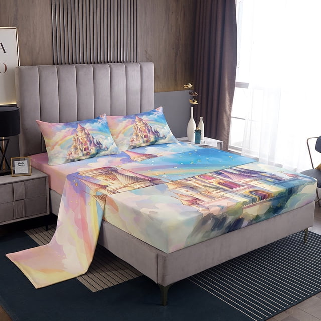 Erosebridal Girly Pink Castle Full Sheet Sets, Rainbow Bedding Full Size, Princess Style Decor 4pcs