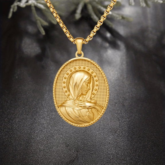 Religious Necklace Gold Color Stainless Steel Virgin Mary and Infant Jesus Pendant Catholic Jewelry