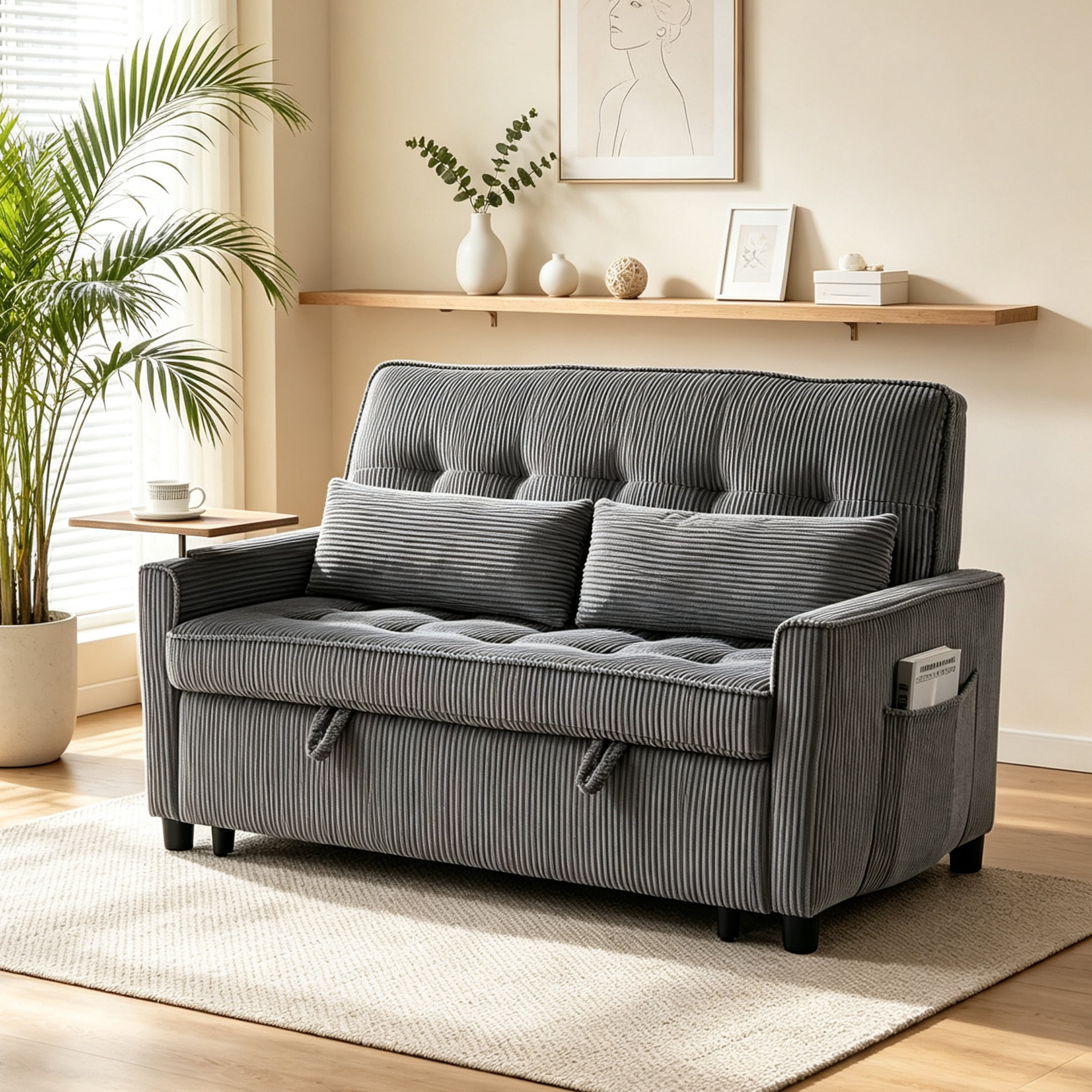 Vinform 54" Convertible Sleeper Sofa Bed, 3 in 1 Pull Out Loveseat with Arm Table and USB Port for Small Spaces, Corduroy, Dark Gray