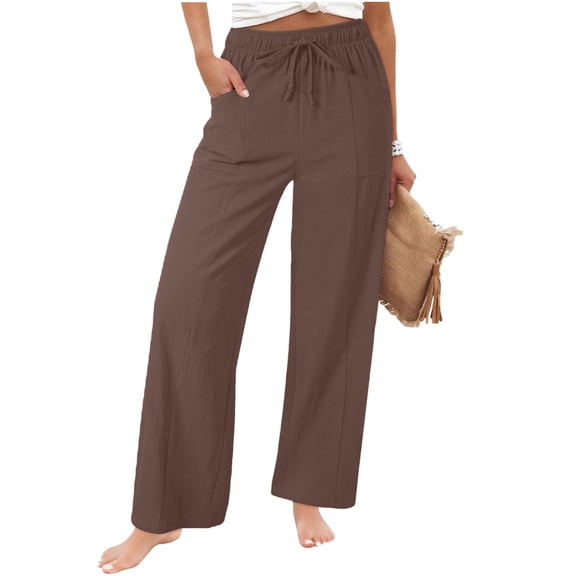 ZHYou Wide Leg Pants for Women Plus Size Palazzo Linen Summer Casual Soft Lightweight Comfy Drawstring Trousers,Coffee,Size 2XL
