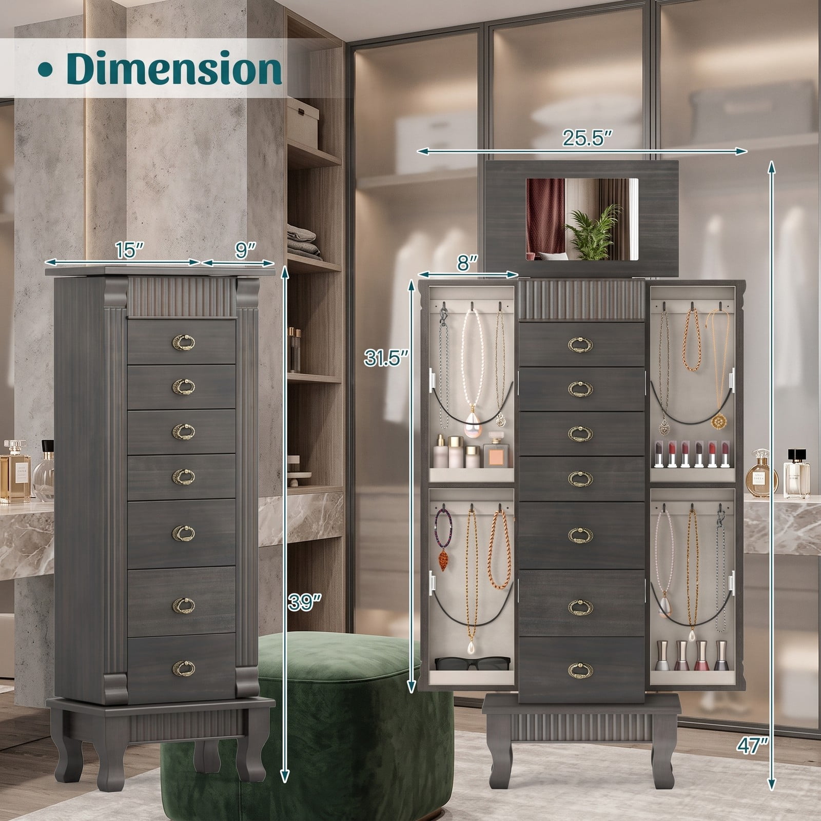 Furnibear Freestanding Wooden Jewelry Armoire Cabinet Storage Chest with 7 Drawers and Swing Doors for Space Saving Bedroom Storage, Gray