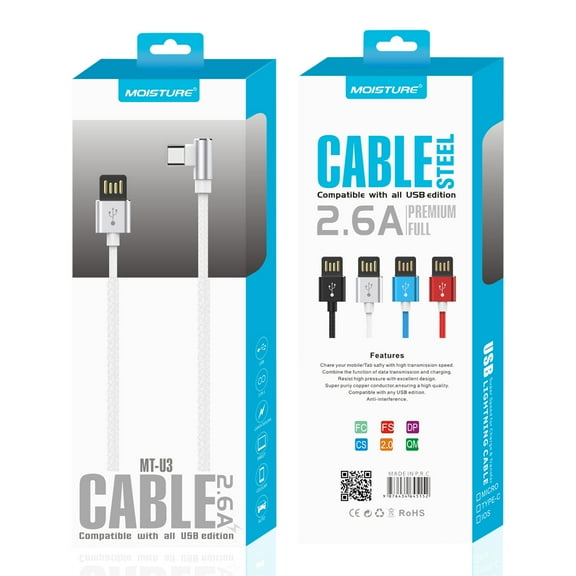 Moisture 2.6a Premium Full Steel Type C To Ligntning Data Cable In White
