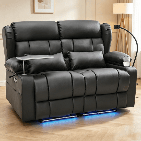 Power Loveseat Recliner Sofa with Massage & Heat, LED Theater Seating with USB & Type-C Charging, Hidden Storage, 360° Tray Table & Cup Holder for RV, Home Theater, Faux Leather, Black