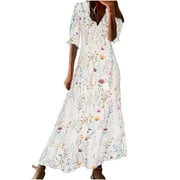 Summer Dresses for Women 2024 Oversize Fashion Casual Spring And Summer V-neck Three-quarter Sleeve Printed Dress