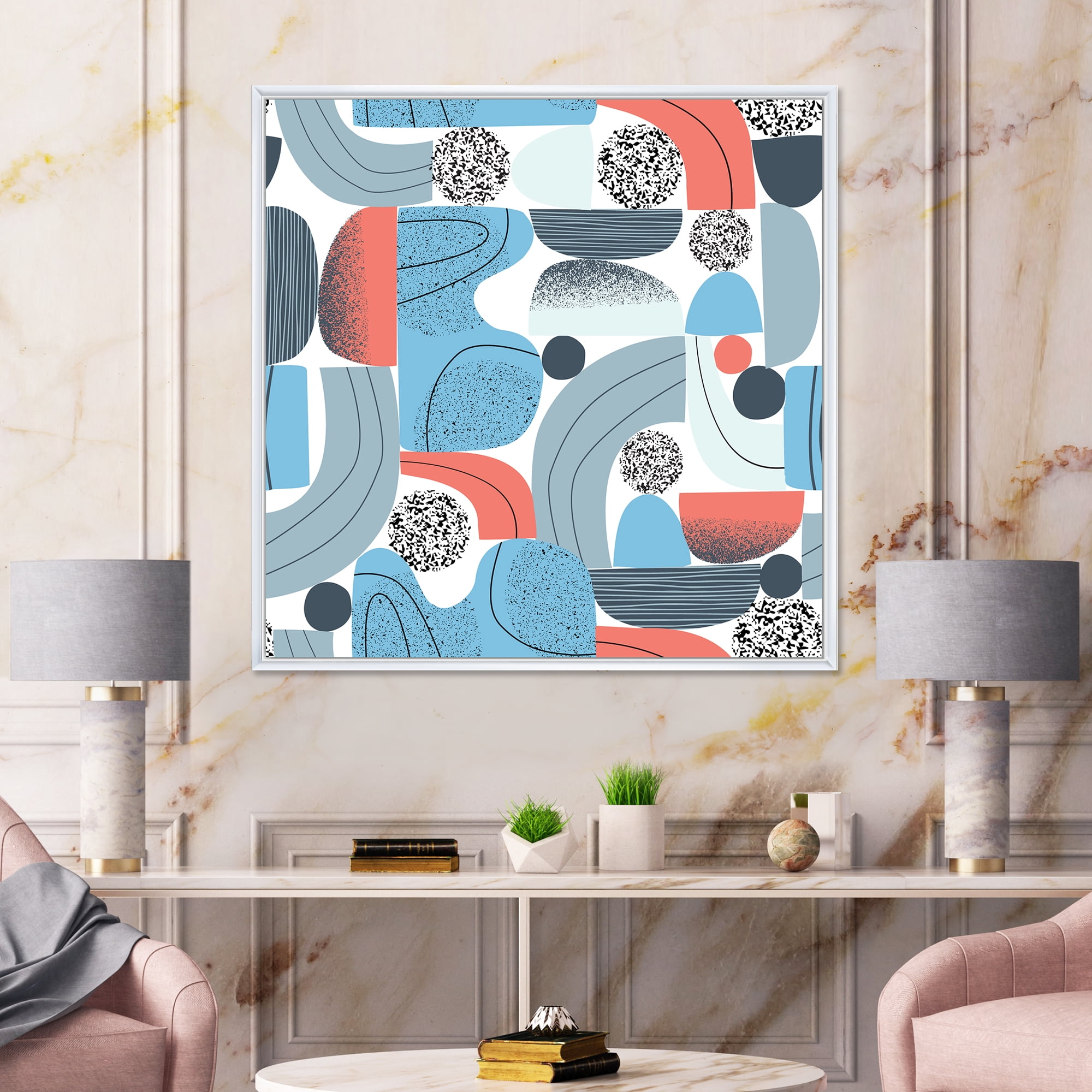 Designart 'Retro Shapes With Abstract Moons and Suns II' Modern Framed Canvas Wall Art Print