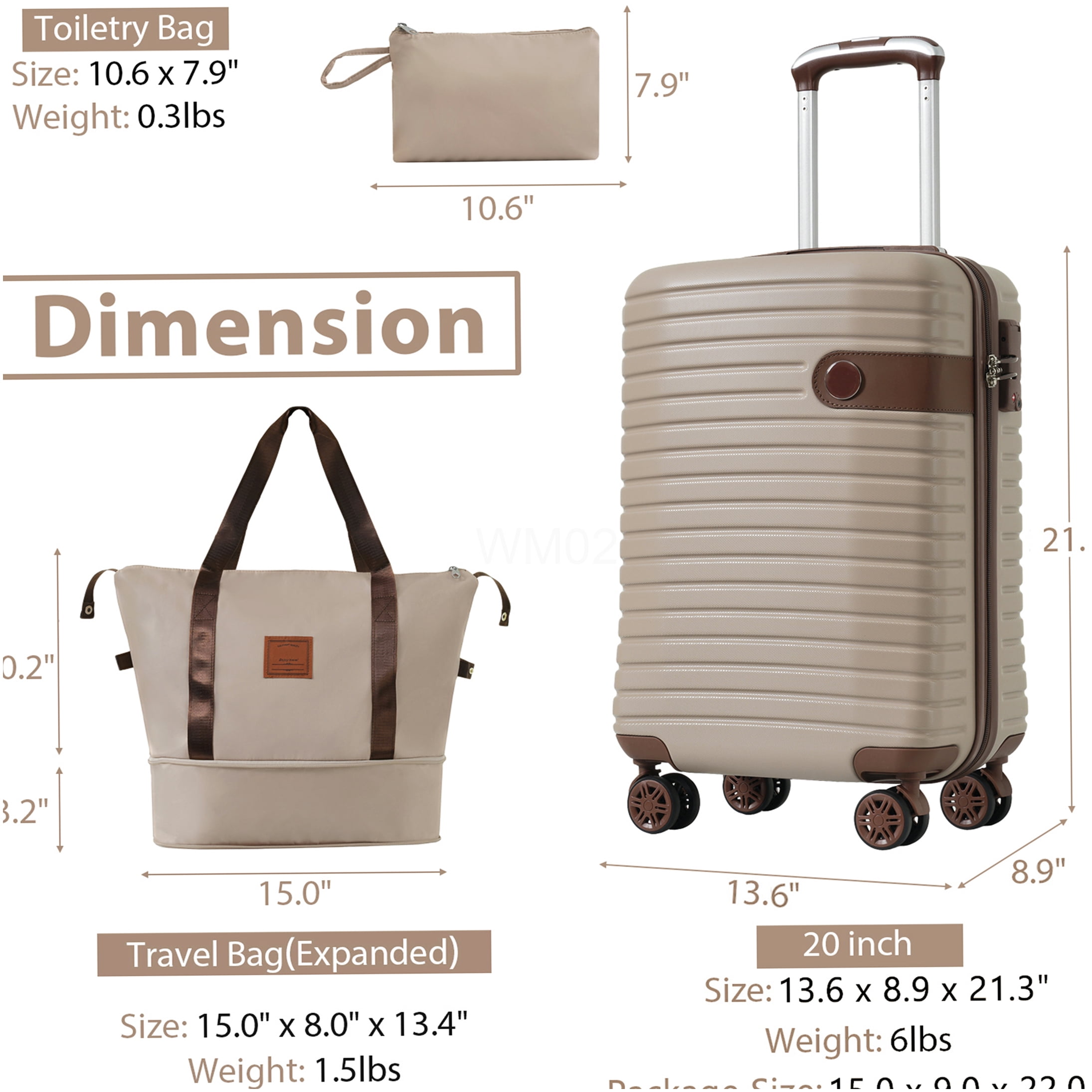 Airline Approved 20 Inch Carry On Luggage 3 Piece Set, Lightweight Hardshell ABS Suitcase with 360° Wheels & TSA Lock, Khaki