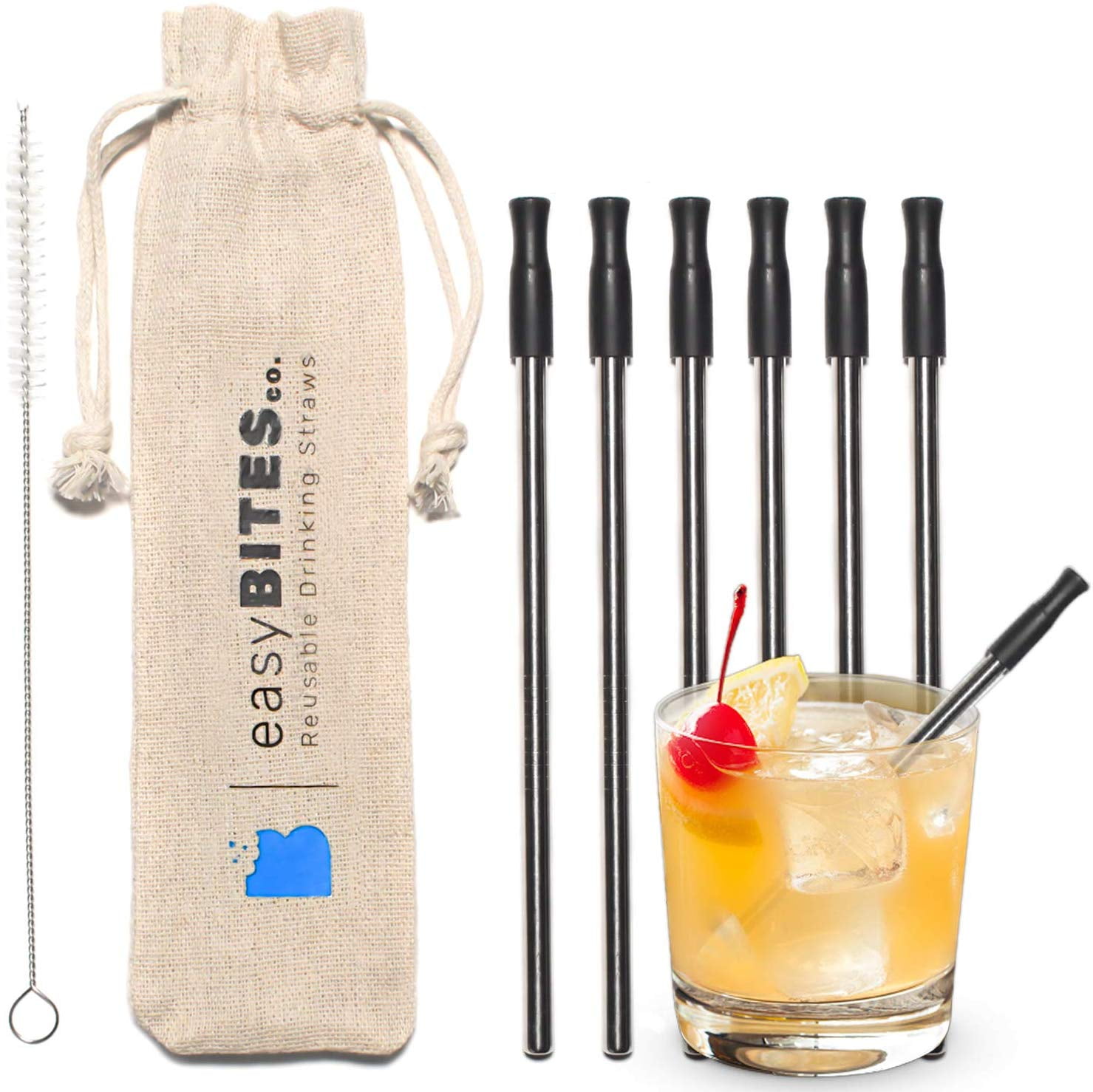 Reusable Cocktail Straws with Silicone Tip 5.5 Inches 6 Stainless