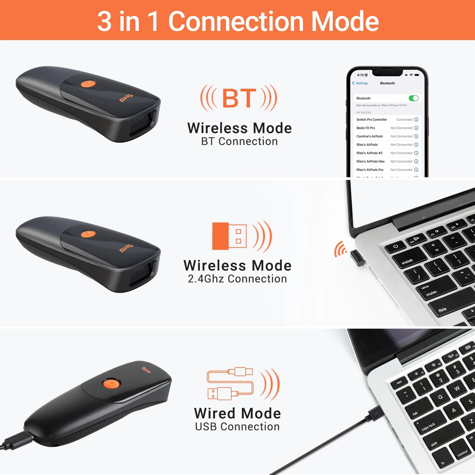 Tera 2D Portable Scanner 3-in-1 Time Stamp Pocket Barcode Reader Model 1300