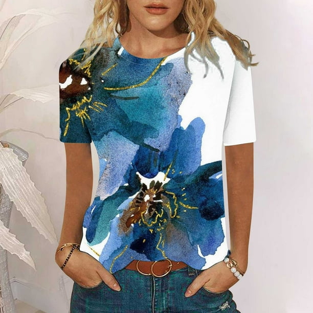 ICHUANYI Clearance Women's Short Sleeve Round Neck Printed Loose Tops Blouse T-shirt(Navy, M) ICHUANYI WER2023081116638