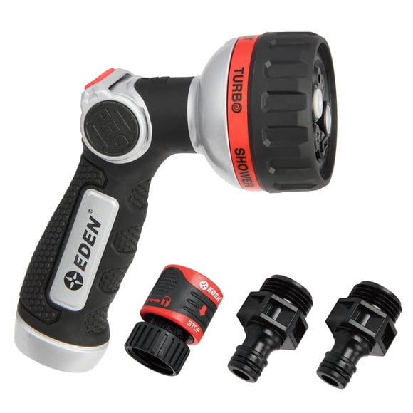 Eden 94814 Metal Thumb Control Heavy Duty Garden Hose Nozzle, Water Sprayer Nozzle with 6 Adjustable Watering Patterns, W/Quick Connect Starter Set for Plants, Lawn, Gard