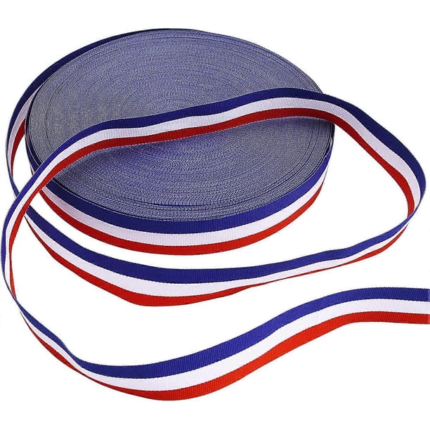 Stripes Fabric Grosgrain Ribbon for Badge Medal Patriotic and Gift Wrapping, 1 Inch, 50 Yard (Blue/Red/White)