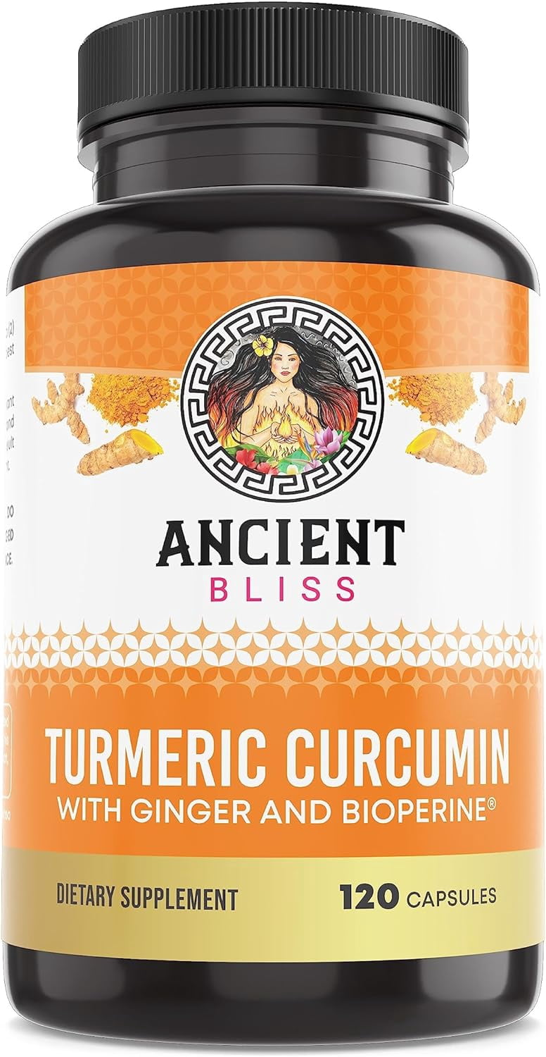 Ancient Bliss Turmeric Curcumin with Ginger and Bioperine, Turmeric Curcumin with Black Pepper,  Supplement (120 Capsules)