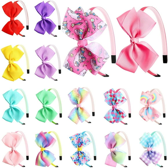 16 Pieces Rainbow Bows Headbands for Girls, 5 Inch Large Hair Bow Hairband Unicorn Rainbow Grosgrain Ribbon Headbands Accessories for Toddler Teens Kids