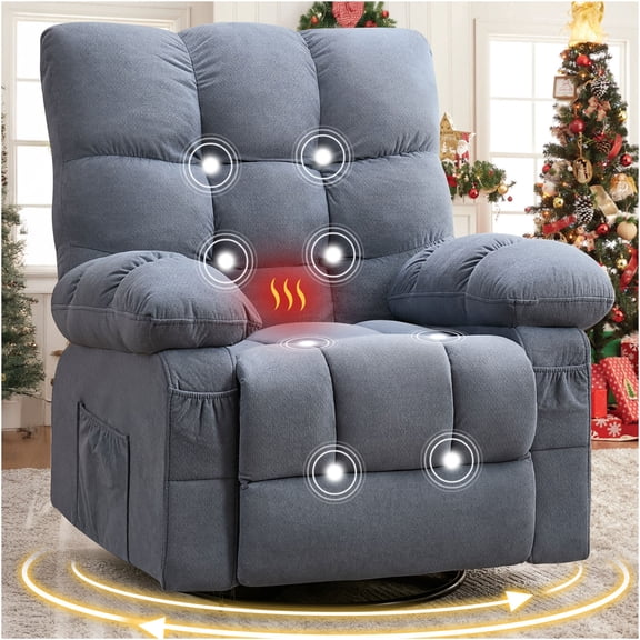 JERFIT 360 Swivel Recliner Chair with Massage and Heat, Oversized Power Rocking Recliner with USB Charger, 350LB Capacity, Blue