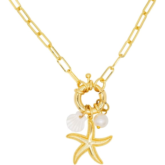 Adjustable Starfish Necklace for Women - Gold-Tone Shell & Pearl Pendant Necklace｜Lightweight Beach Jewelry Present for Her (15.7"-18.2")