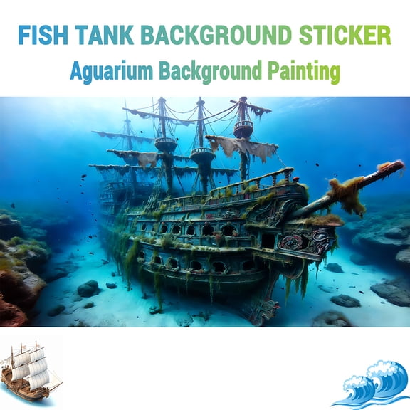Deep-Sea Wrecked Ship, Fish Tank Background Painting, Aquarium Landscape Wallpaper, Front Self-Adhesive HD PVC Removable 2D Flat Sticker