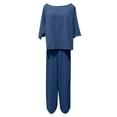 thumbnail image 3 of QUYUON Summer 2 Piece Outfits for Women Linen Set Casual Loose Crew Neck Short Sleeve Tops High Waisted Cropped Wide Leg Pants Sets Two Piece Matching Outfits Loungewear Style TW-25 Navy-B L, 3 of 4