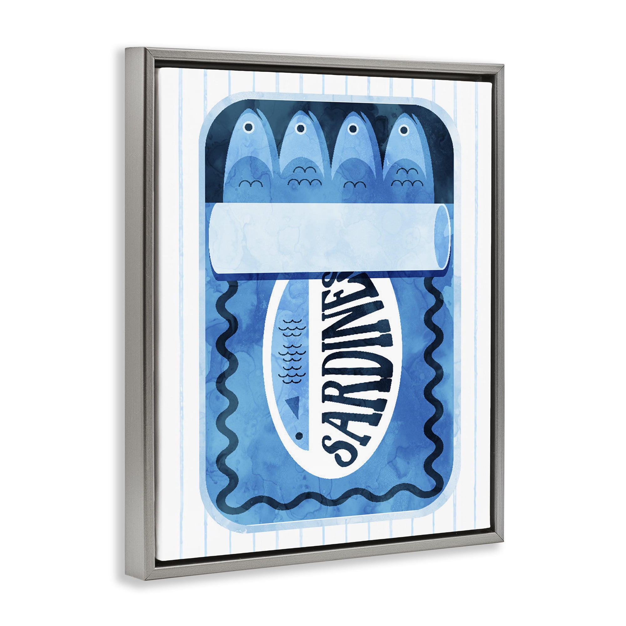 Blue Sardine Tin Over Stripes Gray Framed Floater Canvas Wall Art, design by Daphne Polselli