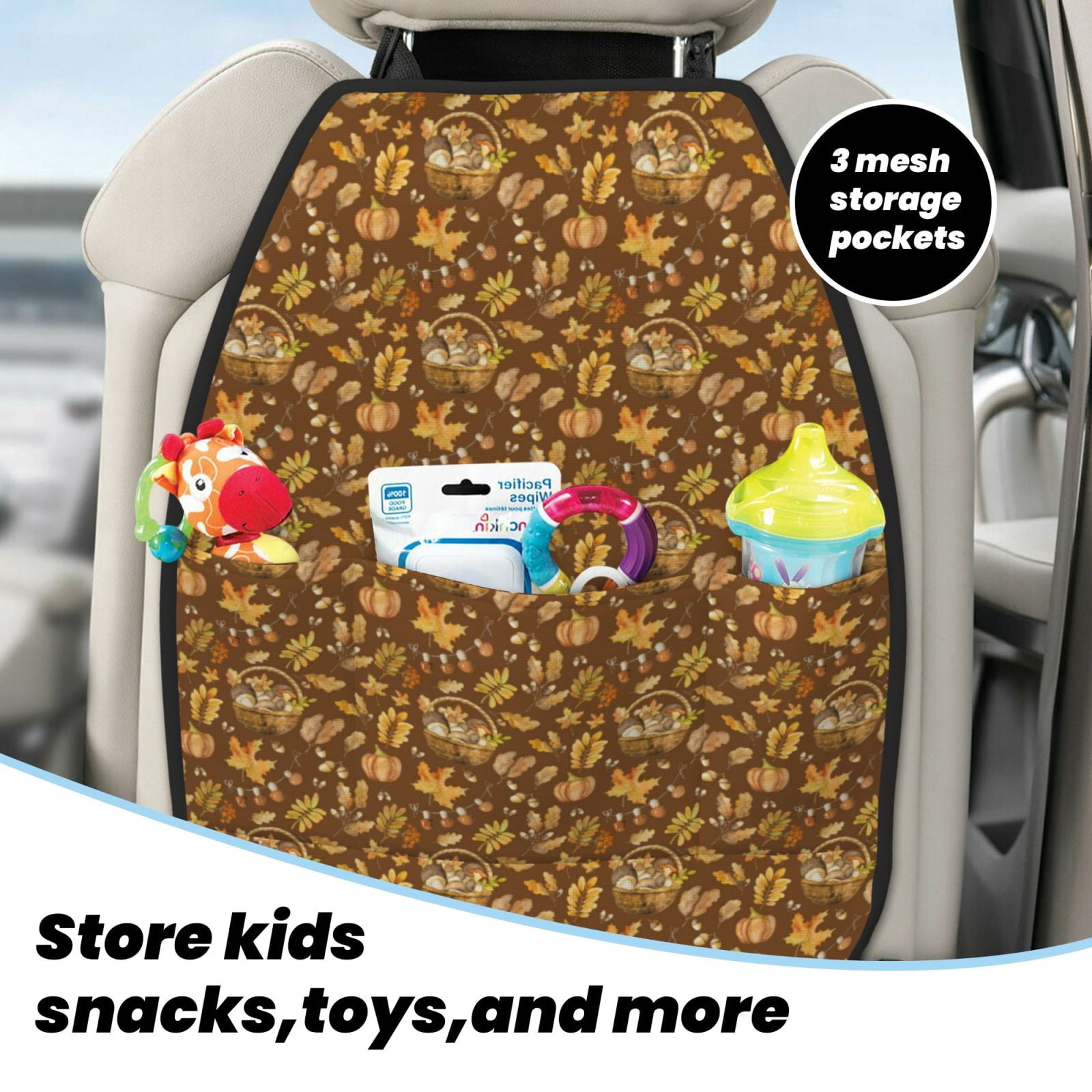 Kdxio Vintage fall harvest basket Print 2 Pack Car Kick Mat Seat Cover Back Protector Mat with Pockets for Organizer Backseat Protector and Storage Anti Kick Pad for Vehicles