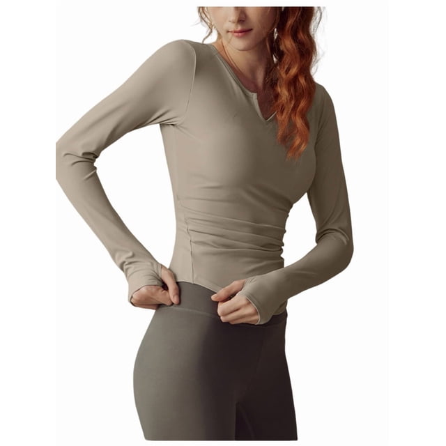 Womens Yoga Long Sleeve Open Front Cropped Shirts Halter Sports Pullovers Soft Workout Tees Built Light Coffee M