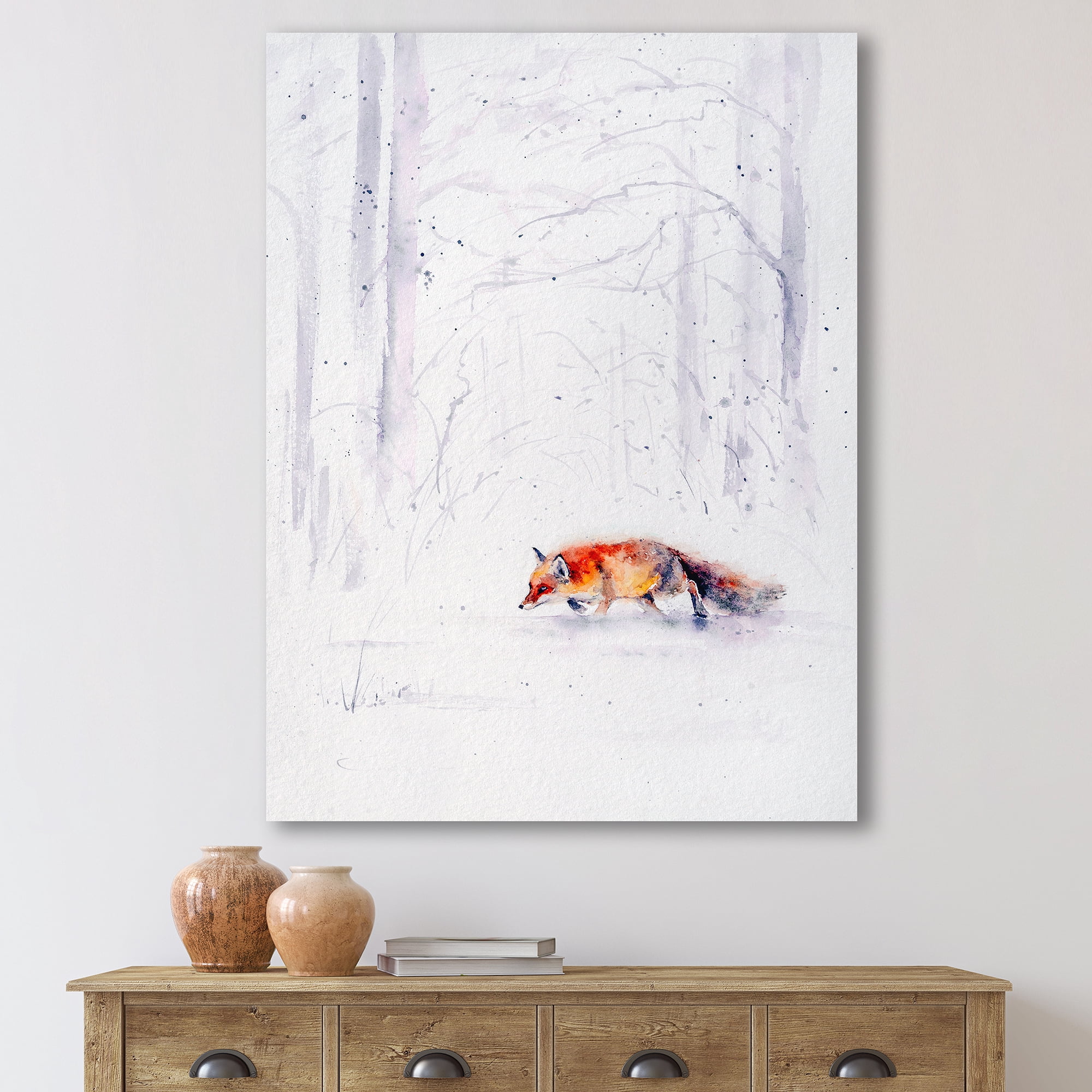 Red Fox Running In White Snow in Countryside II 8 in x 12 in Painting Canvas Art Print, by Designart