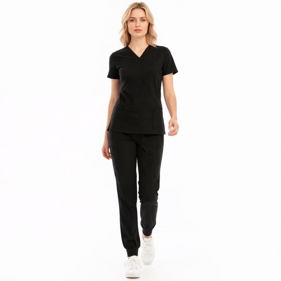 Xfvqtps Scrub Set for Women Solid Color V-Neck Stretch Scrub Top Elastic Waist Jogger Scrub Pants with Pocket Short Sleeve Working Nursing Uniforms Set Black