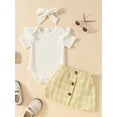 thumbnail image 6 of Aojekbee Baby Girls Summer Outfit Ribbed Short Sleeves Rompers and Plaid Buttons Skirt Headband 3 Piece Clothes Set, 6 of 10