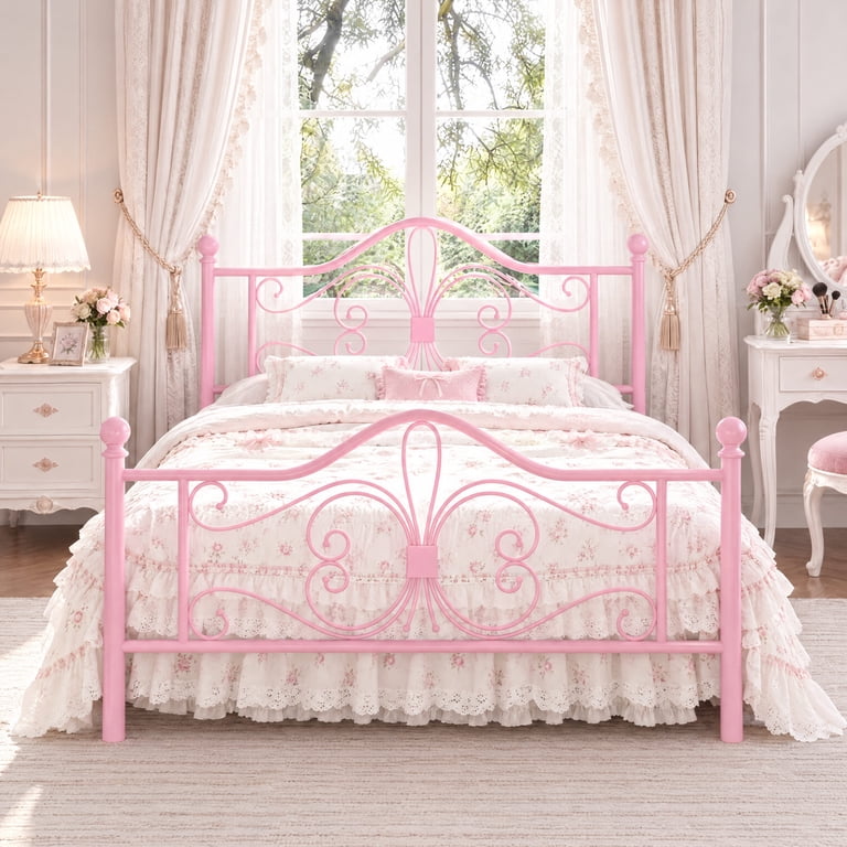 Amolife Queen Metal Platform Bed with Butterfly Headboard, Pink photo 1